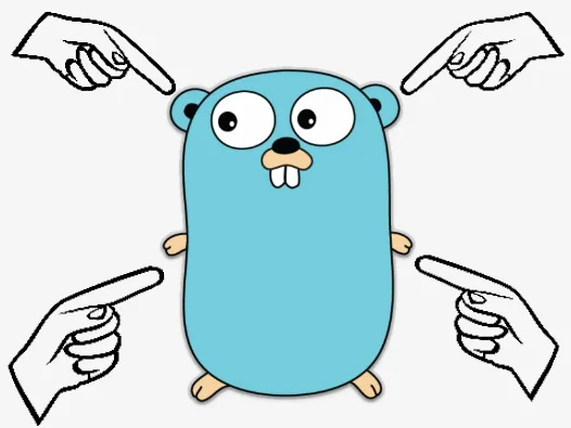 The Go gopher mascot surrounded by four hands pointing at it from every corner